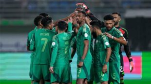 لاعبو منتخب السعودية يحتفلون بهدف خلال مباراة